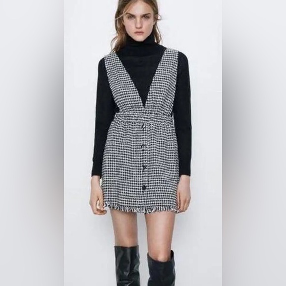 ZARA Tweed Button Front Pinafore Mini Dress Sleeveless Blue Black White Sz Small - Picture 2 of 10